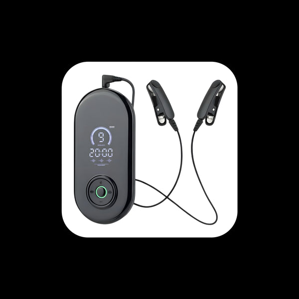 NeuroRest-Black electronic device with digital display and attachments on a white background