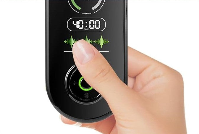 NeuroRest-Hand holding a digital device with a timer and strength indicator on a white background