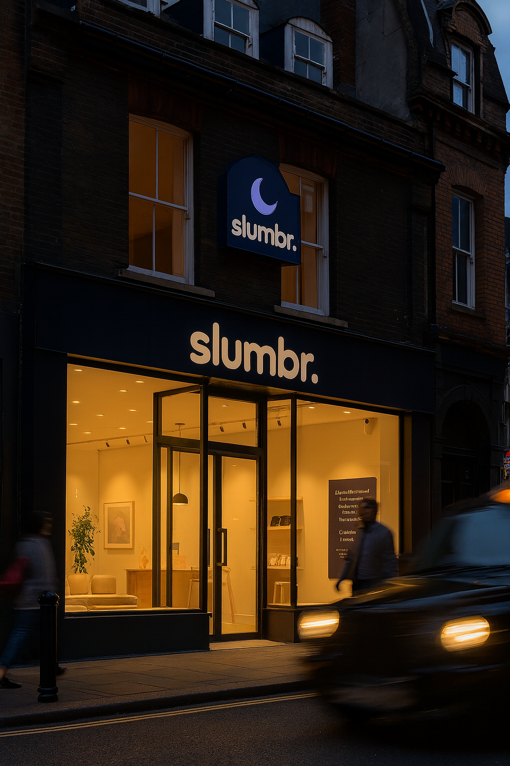 Slumbr store front with illuminated sign at night