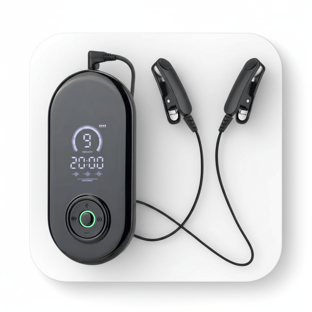 NeuroRest™ Black electronic device with digital display and cables on a white background