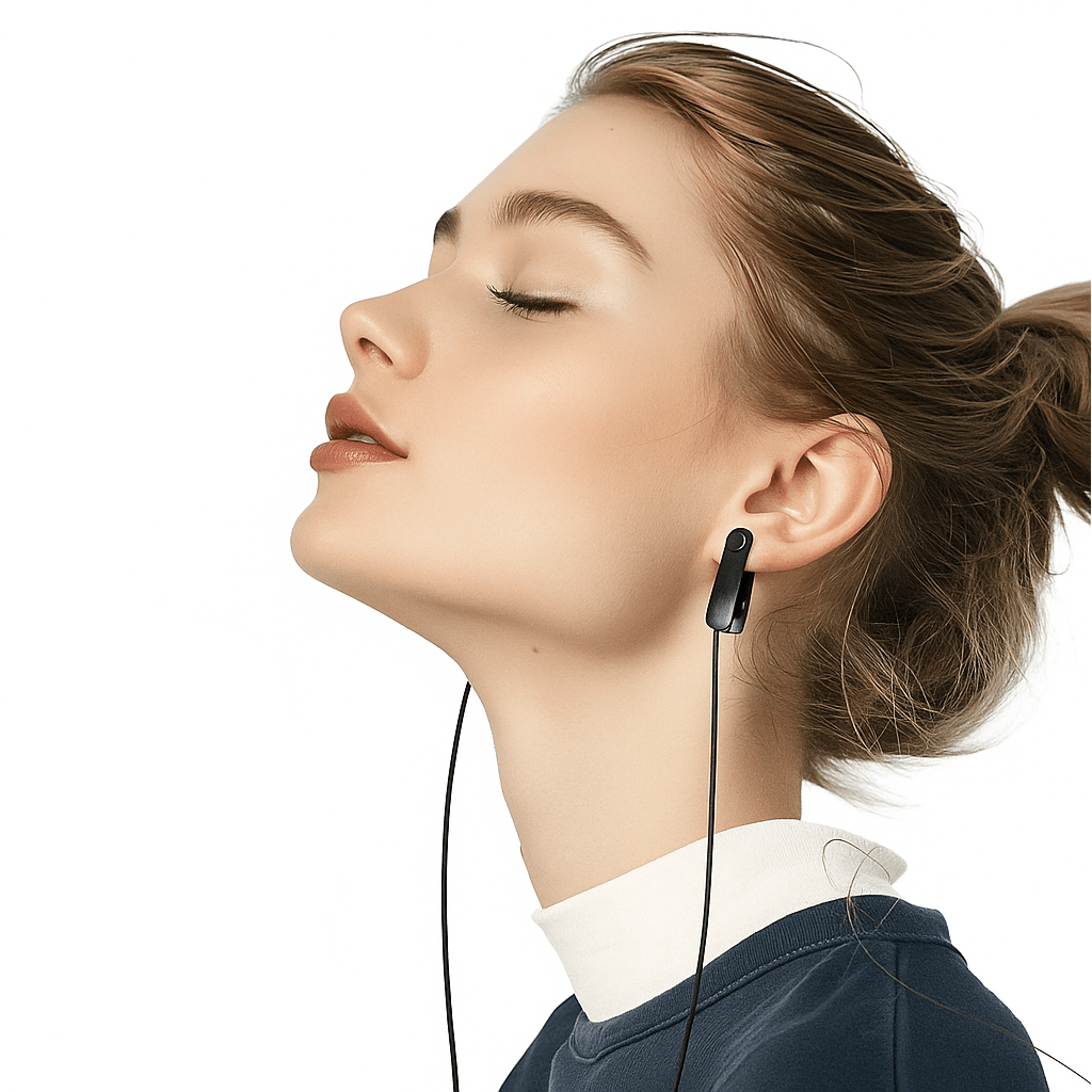 NeuroRest™Woman wearing a black earbud with a white background