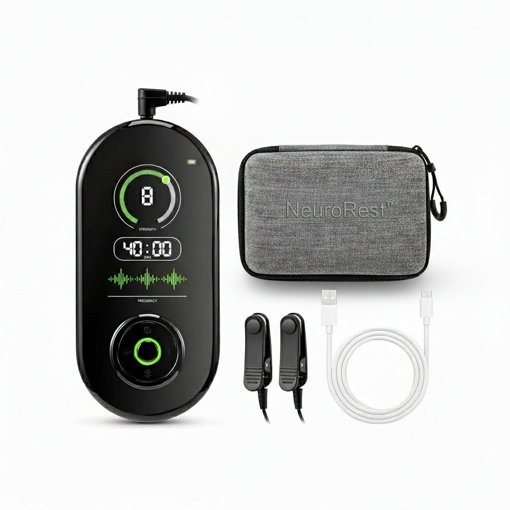 NeuroRest™ Neurorest device with carrying case and cables on a white background